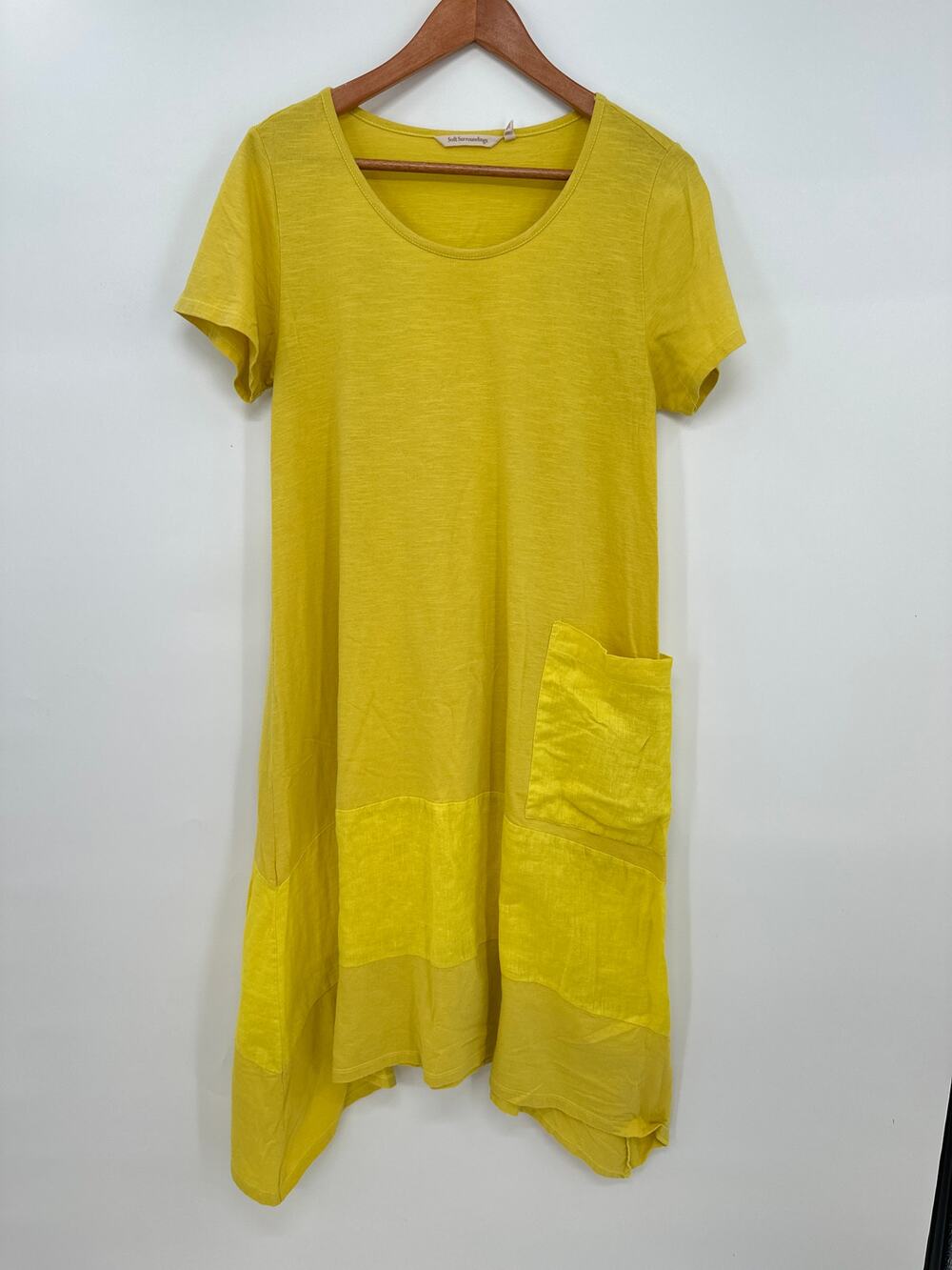 SOFT SURROUNDINGS Yellow Asymmetrical Hem Short Sleeve Cotton Dress // M